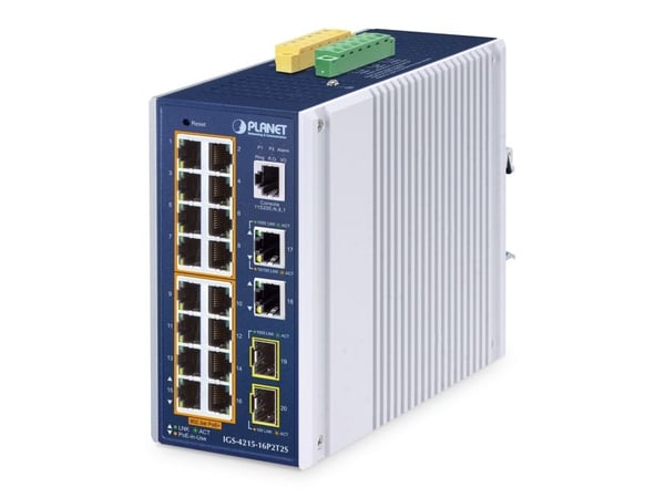 PLANET IP30 Industrial L2/L4 16-Port, Håndtert, L2/L4, Gigabit Ethernet (10/100/1000), Full tosidig, Strøm over Ethernet (PoE), Kan monteres på vegg