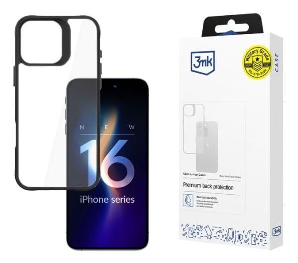 3MK Satin Armor Case+, Omslag, Apple, iPhone 16 Pro, 16 cm (6.3"), Svart, Transparent
