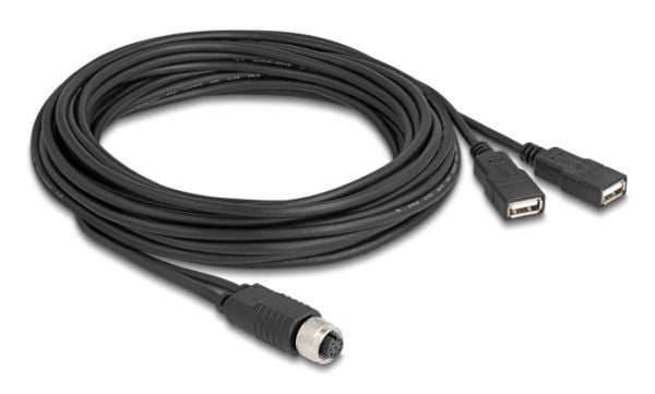 Delock M12-kaapeli A-koodattu 8-nastainen naarasliitin 2 x USB 2.0 type-A naarasliitäntään 5 m musta