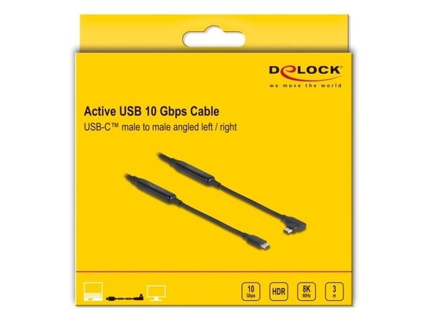 Delock - USB-kabel - 24 pin USB-C (hann) til 24 pin USB-C (hann) venstreivinklet - USB 3.2 Gen 2 - 3 A - 3 m - signalforsterker, USB Power Delivery...