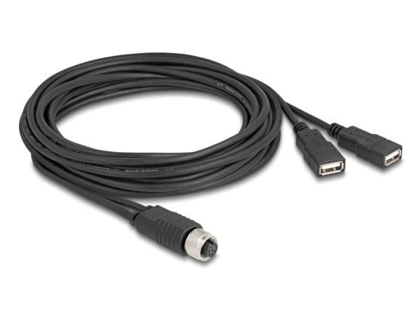 Delock M12-kaapeli A-koodattu 8-nastainen naarasliitin 2 x USB 2.0 type-A naarasliitäntään 3 m musta