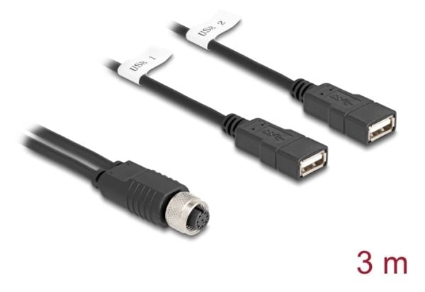 Delock M12-kaapeli A-koodattu 8-nastainen naarasliitin 2 x USB 2.0 type-A naarasliitäntään 3 m musta