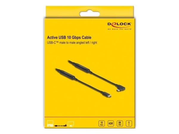 Delock - USB-kabel - 24 pin USB-C (hann) rett til 24 pin USB-C (hann) venstre/høyre-vinklet - 3 A - 5 m - aktiv, USB Power Delivery (60W), 8K 60Hz ...