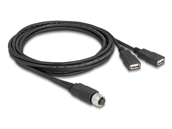 Delock M12-kaapeli A-koodattu 8-nastainen naarasliitin 2 x USB 2.0 type-A naarasliitäntään 2 m musta