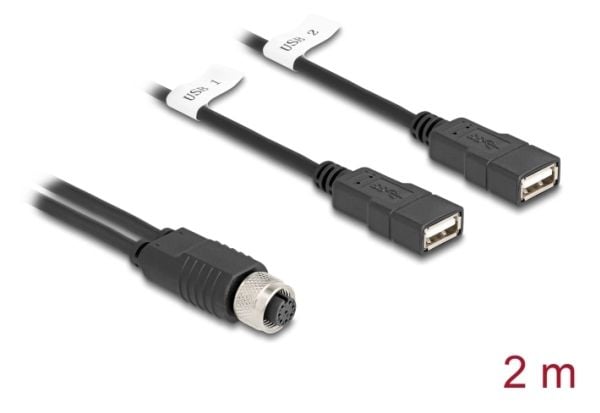 Delock M12-kaapeli A-koodattu 8-nastainen naarasliitin 2 x USB 2.0 type-A naarasliitäntään 2 m musta