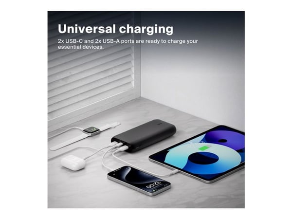 Belkin BoostCharge - Strømbank - 26000 mAh - 32 watt - PD, Fast Charge - 4 utgangskontakter (USB-C, USB) - på kabel: USB-C