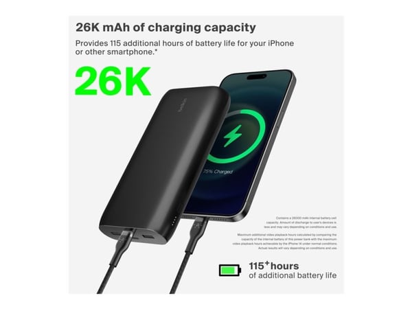 Belkin BoostCharge - Strømbank - 26000 mAh - 32 watt - PD, Fast Charge - 4 utgangskontakter (USB-C, USB) - på kabel: USB-C