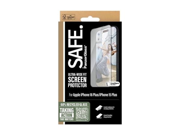 SAFE. by PanzerGlass - Skjermbeskyttelse for mobiltelefon - ultrabred passform - glass - rammefarge svart - for Apple iPhone 15 Plus, 16 Plus