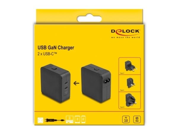 Delock - Strømadapter - AC 100-240 V - 65 watt - utgangskontakter: 2 - svart
