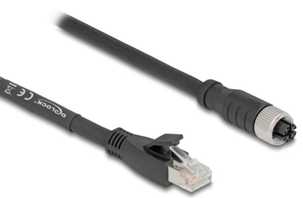 Delock - Nettverkskabel - 8 pin M12-X (hunn) til RJ-45 (hann) - 3 m - 6.8 mm - S/FTP - CAT 5e - X-kodet, fleksibel - svart