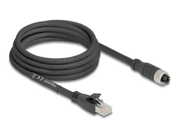 Delock - Nettverkskabel - 8 pin M12-X (hunn) til RJ-45 (hann) - 3 m - 6.8 mm - S/FTP - CAT 5e - X-kodet, fleksibel - svart