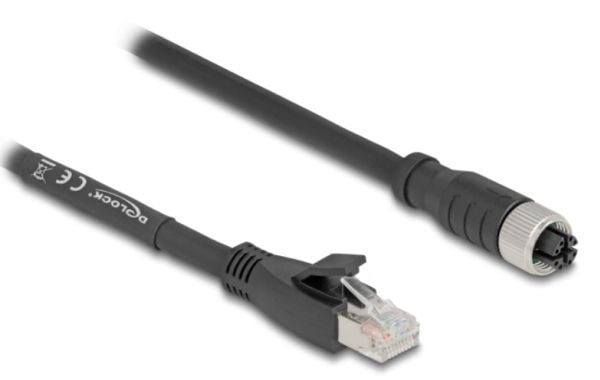 Delock - Nettverkskabel - 8 pin M12-X (hunn) til RJ-45 (hann) - 5 m - 6.8 mm - S/FTP - CAT 5e - X-kodet, fleksibel - svart