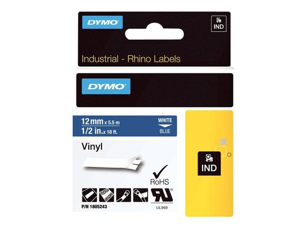 DYMO Rhino Coloured Vinyl - Vinyl - hvitt på blått - Rull (1,2 cm x 5,5 m) 1 kassett(er) tape - for DYMO ILP219; Rhino 1000, 4200, 5000, 5200, 6000...