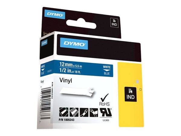 DYMO Rhino Coloured Vinyl - Vinyl - hvitt på blått - Rull (1,2 cm x 5,5 m) 1 kassett(er) tape - for DYMO ILP219; Rhino 1000, 4200, 5000, 5200, 6000...