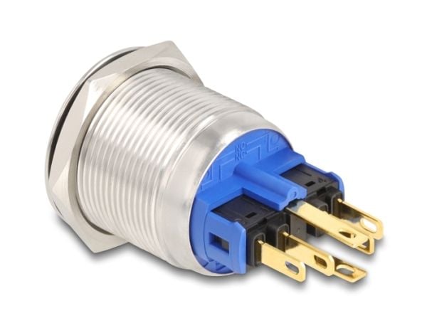 Delock - Push button - for 22 mm installation, 6 x solder connection, white LED power symbol and ring - panelmonterbar - AC 230 V - sølv