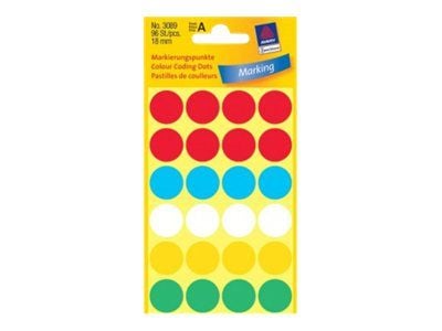 Avery assorted colors - Permanet adhesiv - 18-mm rund 96 stk (4 ark x 24) merkelapper