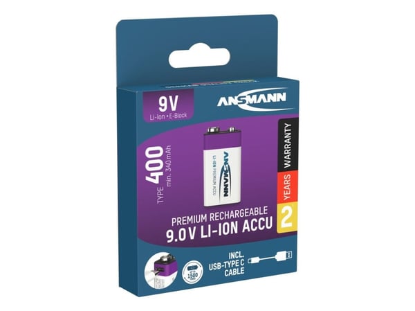 Ansmann 1315-0005, Oppladbart batteri, 9V, Lithium-Ion (Li-Ion), 9 V, 1 stykker, 400 mAh