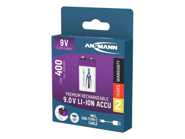 Ansmann 1315-0005, Oppladbart batteri, 9V, Lithium-Ion (Li-Ion), 9 V, 1 stykker, 400 mAh