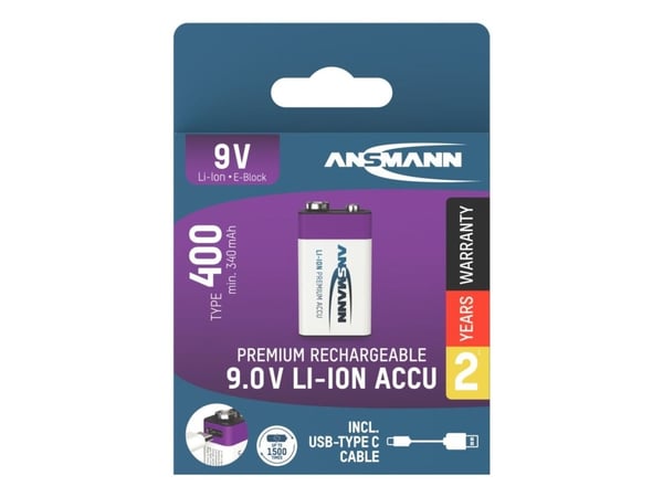 Ansmann 1315-0005, Oppladbart batteri, 9V, Lithium-Ion (Li-Ion), 9 V, 1 stykker, 400 mAh