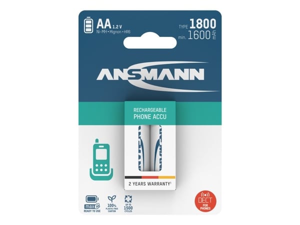 Ansmann 1312-0038, Oppladbart batteri, AA, Nikkelmetallhydrid (NiMH), 1,2 V, 2 stykker, 1800 mAh