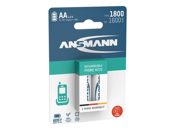 Ansmann 1312-0038, Oppladbart batteri, AA, Nikkelmetallhydrid (NiMH), 1,2 V, 2 stykker, 1800 mAh