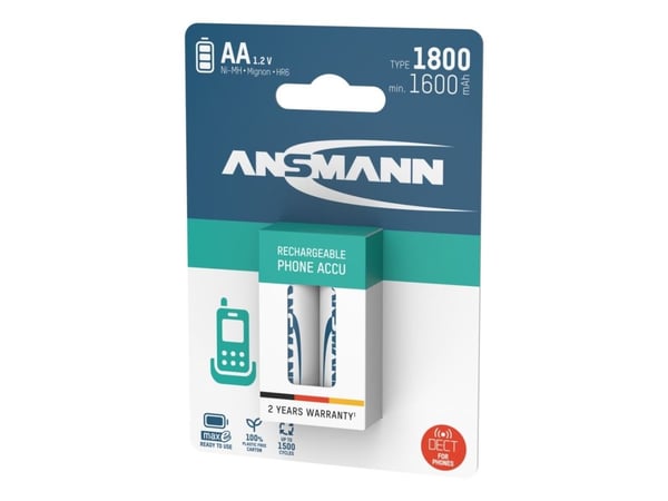 Ansmann 1312-0038, Oppladbart batteri, AA, Nikkelmetallhydrid (NiMH), 1,2 V, 2 stykker, 1800 mAh