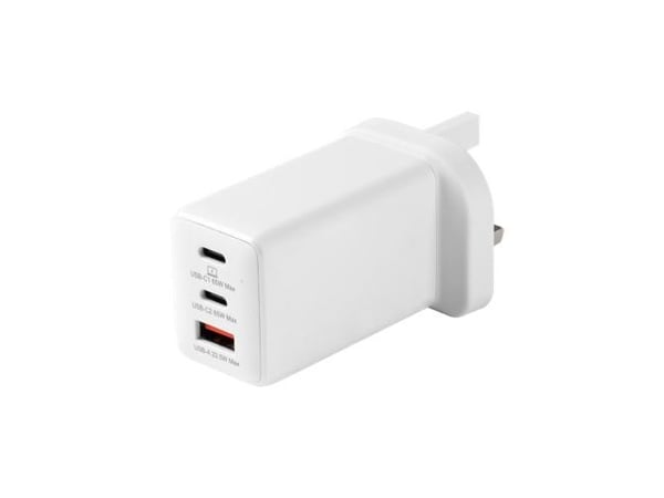 eSTUFF - Strømadapter - 67 watt - 1.5 A - PD 3.0, QC 3.0, PD/PPS - 3 utgangskontakter (USB, USB-C) - hvit - Storbritannia