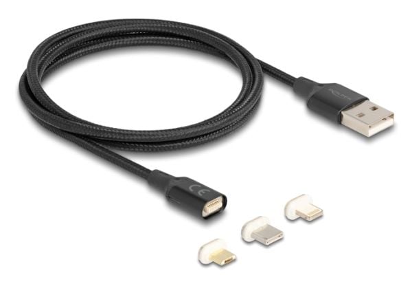 Delock - USB-ladeadaptersett - USB (hann) til Micro-USB type B, Lightning, 24 pin USB-C (hann) magnetisk - USB 2.0 - 5 V - 3 A - 1 m - svart