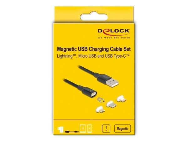 Delock - USB-ladeadaptersett - USB (hann) til Micro-USB type B, Lightning, 24 pin USB-C (hann) magnetisk - USB 2.0 - 5 V - 3 A - 1 m - svart