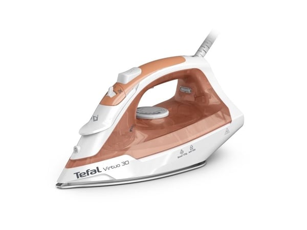 Tefal Virtuo 30 FV2C40E0, Tørr- og dampstrykejern, keramisk strykesåle, 1,9 m, 120 g/min, fersken, hvit, 27 g/min.