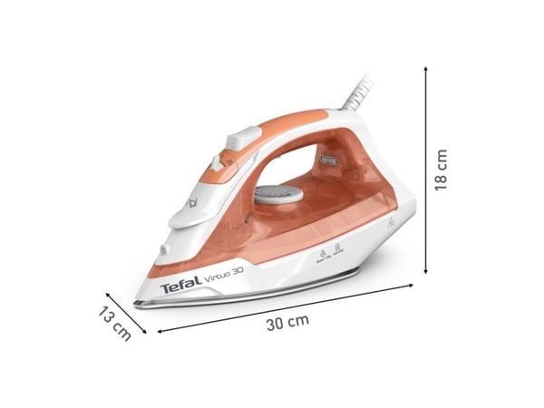 Tefal Virtuo 30 FV2C40E0, Tørr- og dampstrykejern, keramisk strykesåle, 1,9 m, 120 g/min, fersken, hvit, 27 g/min.