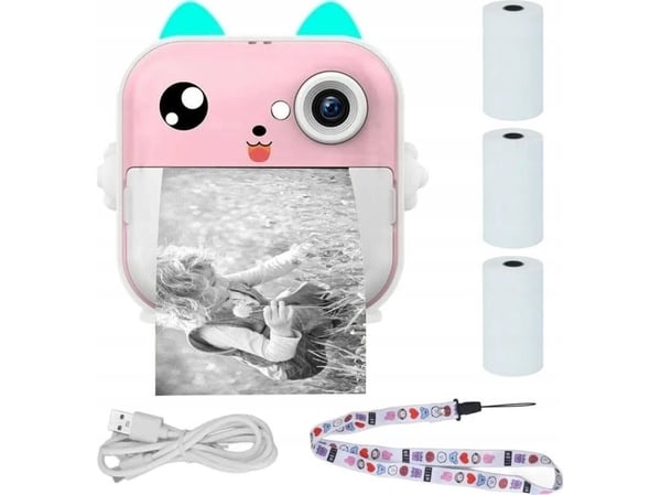 Extralink EPP-003 Rosa | Mini termisk skriver med kamera | 3 ruller med termisk papir, 2,5" LCD-skjerm, Bluetooth, USB-C, 1000 mAh
