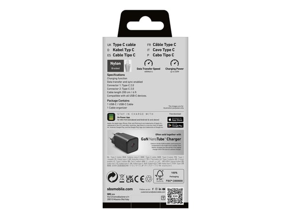 SBS TECABLETISSUE2G, 2 m, USB C, USB C, Grå