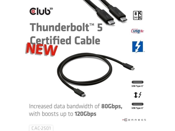 Club 3D - USB-kabel - 24 pin USB-C (hane) till 24 pin USB-C (hane) - USB 3.2 Gen 2 / USB4 / Thunderbolt 3 / Thunderbolt 4 / Thunderbolt 5 - 1 m - U...