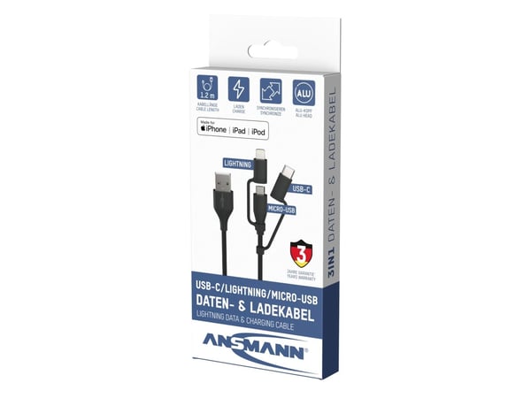 ANSMANN data/latauskaapeli USB 3in1 120cm 120cm