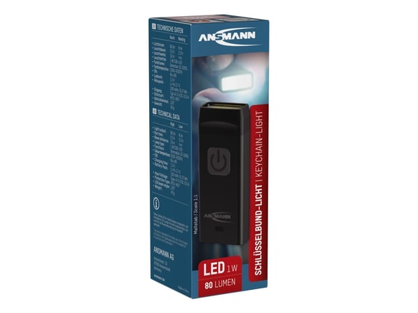 Ansmann KL80R, Nøkkelringslommelykt, Sort, Aluminium, Knapper, IPX3, COB LED