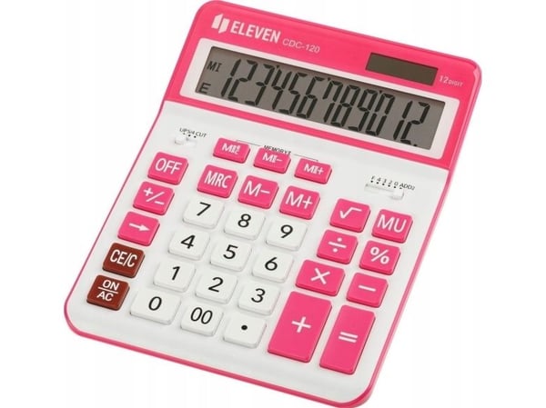 Regnemaskin Eleven ELEVEN CDC120WHRD hvit med hvite og rosa taster samt rosa ramme rundt displayet