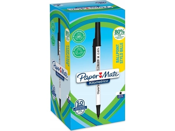 Paper Mate kulepenn Kilometrico Reycycled M svart 50-pak brettboks