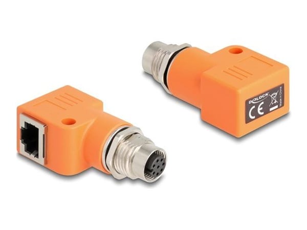 Delock M12-adapter A-kodet 8-pins kontakt til RJ45-kontakt Cat.5e med monteringshull 90° vinklet oransje