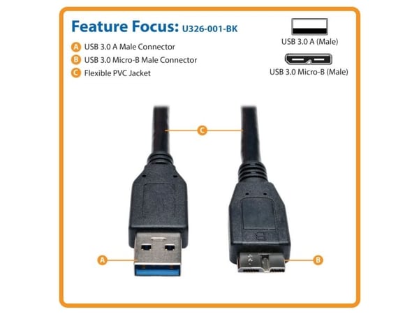 Tripp Lite U326-001-BK, 0,3 m, USB A, Micro-USB B, USB 3.2 Gen 1 (3.1 Gen 1), uros-/urosliitin, musta