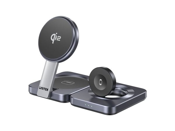 Unitek P1300A - Ladestasjon - 3-i-1, sammenleggbar, Qi2 - 15 watt - 3 A - PD, QC 3.0 - grå