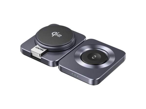 Unitek P1300A - Ladestasjon - 3-i-1, sammenleggbar, Qi2 - 15 watt - 3 A - PD, QC 3.0 - grå