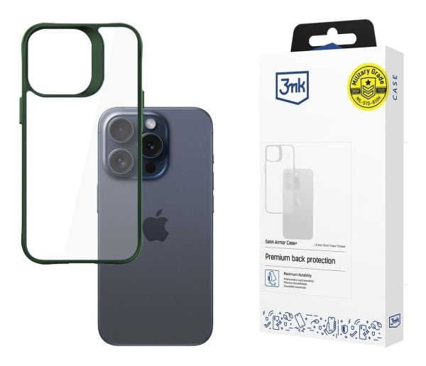 3MK Satin Armor Case+, Etui, Apple, iPhone 15 Pro, 15,5 cm (6.1"), Grønn, Gjennomsiktig