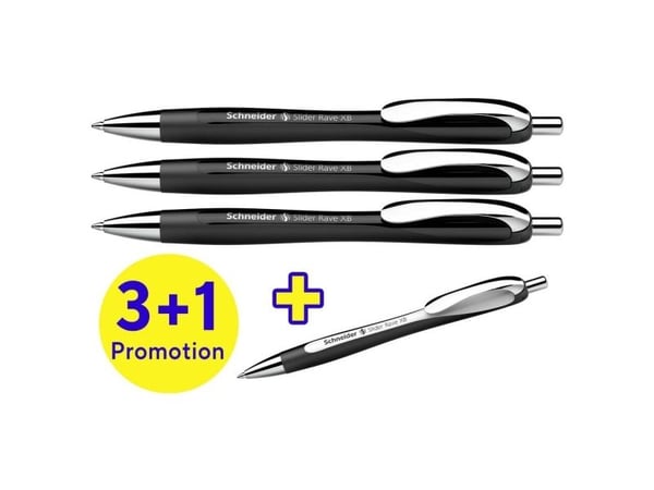 3 + 1 GRATIS: Schneider kulepenn Slider Rave XB sort skriftfarbe blau 3 stk + GRATIS 1