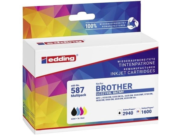 Edding EDD-587, musta, Syaani, Magenta, Keltainen, 63 ml, 18 ml, 4 kpl, 2940 sivua, Monipakkaus