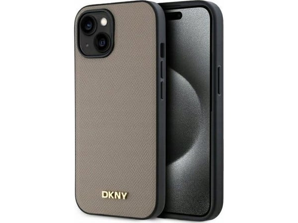 DKNY DKHMP15SPGHLME iPhone 15 6,1" beige/beige hardcase med texturerad Metal-Logo MagSafe