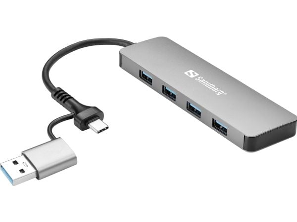 Sandberg USB-C/A til 4xUSB 3.0 Hub, USB 3.2 Gen 1 (3.1 Gen 1) Type-A + Type-C, USB 3.2 Gen 1 (3.1 Gen 1) Type-A, 5000 Mbit/s, Aluminium, Aluminium,...