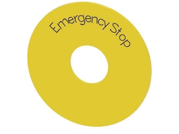 Siemens Gul skiveetikett med inskripsjonen: nødstopp utvendig diameter. 75 mm innvendig 225mm tykkelse 2mm 3SU1900-0BB31-0DA0
