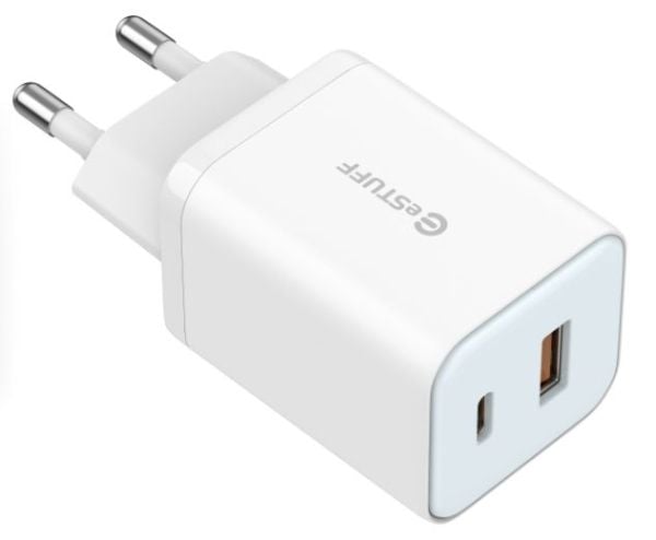 eSTUFF - Strømadapter - GaN, EU plug - 65 watt - 3.25 A - Apple Fast Charge, PD, QC 3.0 - 2 utgangskontakter (USB, USB-C) - hvit - Europa