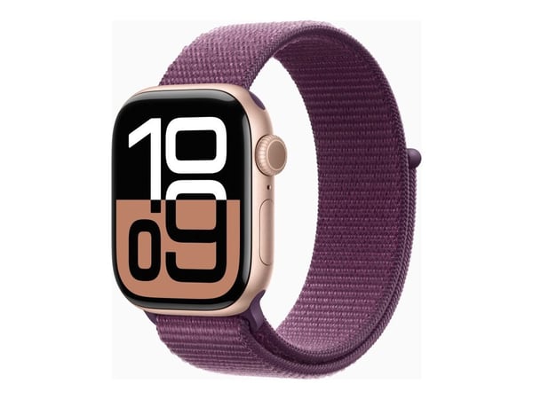 Apple Watch Series 10 (GPS + Cellular) - 42 mm - rosegull aluminium - smartklokke med sportssløyfe - myk dobbeltlagsnylon - plomme - håndleddstørre...